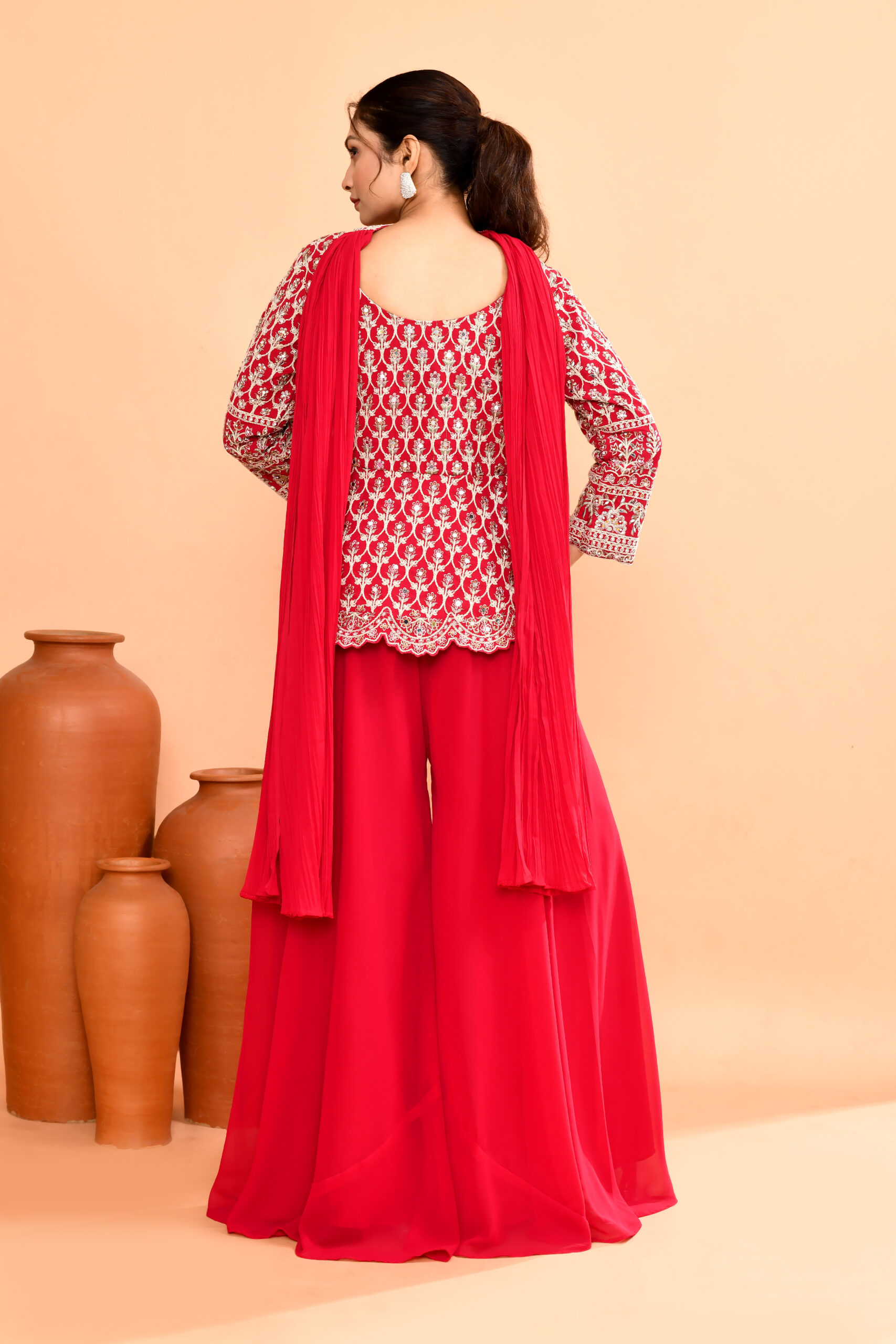 Hot Pink Top Palazzo in Diamond Silk With Embroidery Real Mirror With Dupatta - Image 3