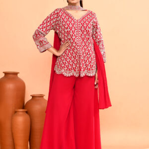 Hot Pink Top Palazzo in Diamond Silk With Embroidery Real Mirror With Dupatta