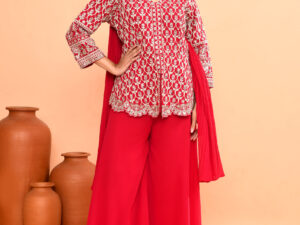 Hot Pink Top Palazzo in Diamond Silk With Embroidery Real Mirror With Dupatta