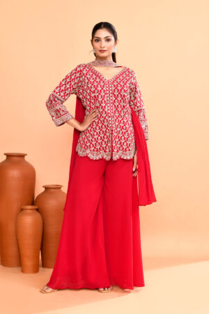 Hot Pink Top Palazzo in Diamond Silk With Embroidery Real Mirror With Dupatta