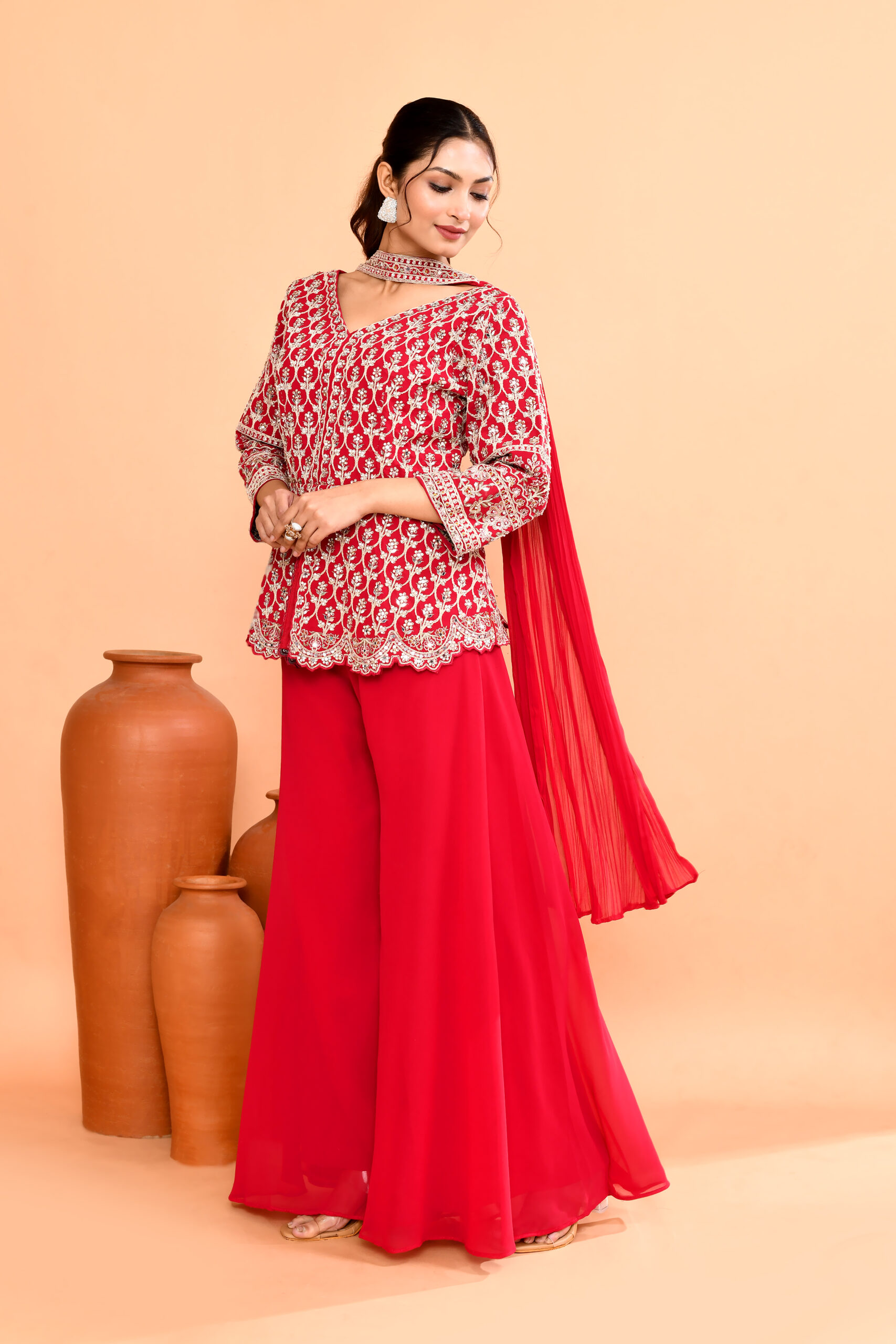 Hot Pink Top Palazzo in Diamond Silk With Embroidery Real Mirror With Dupatta - Image 2