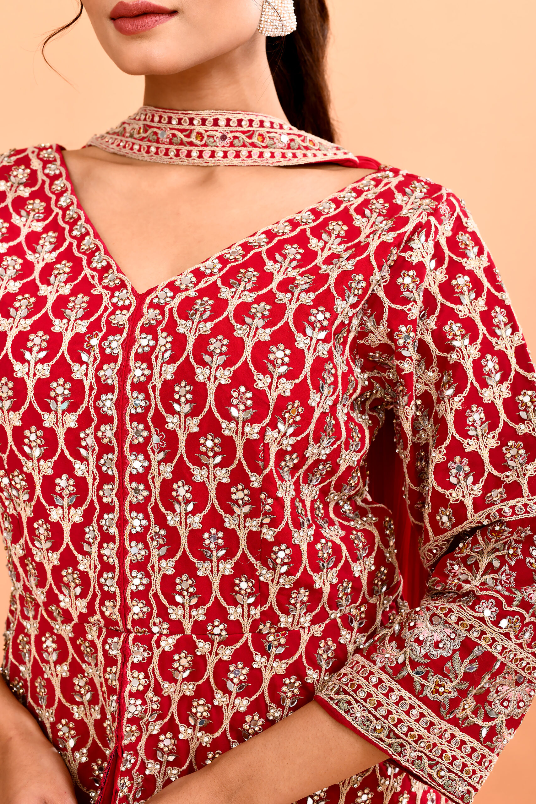 Hot Pink Top Palazzo in Diamond Silk With Embroidery Real Mirror With Dupatta - Image 5