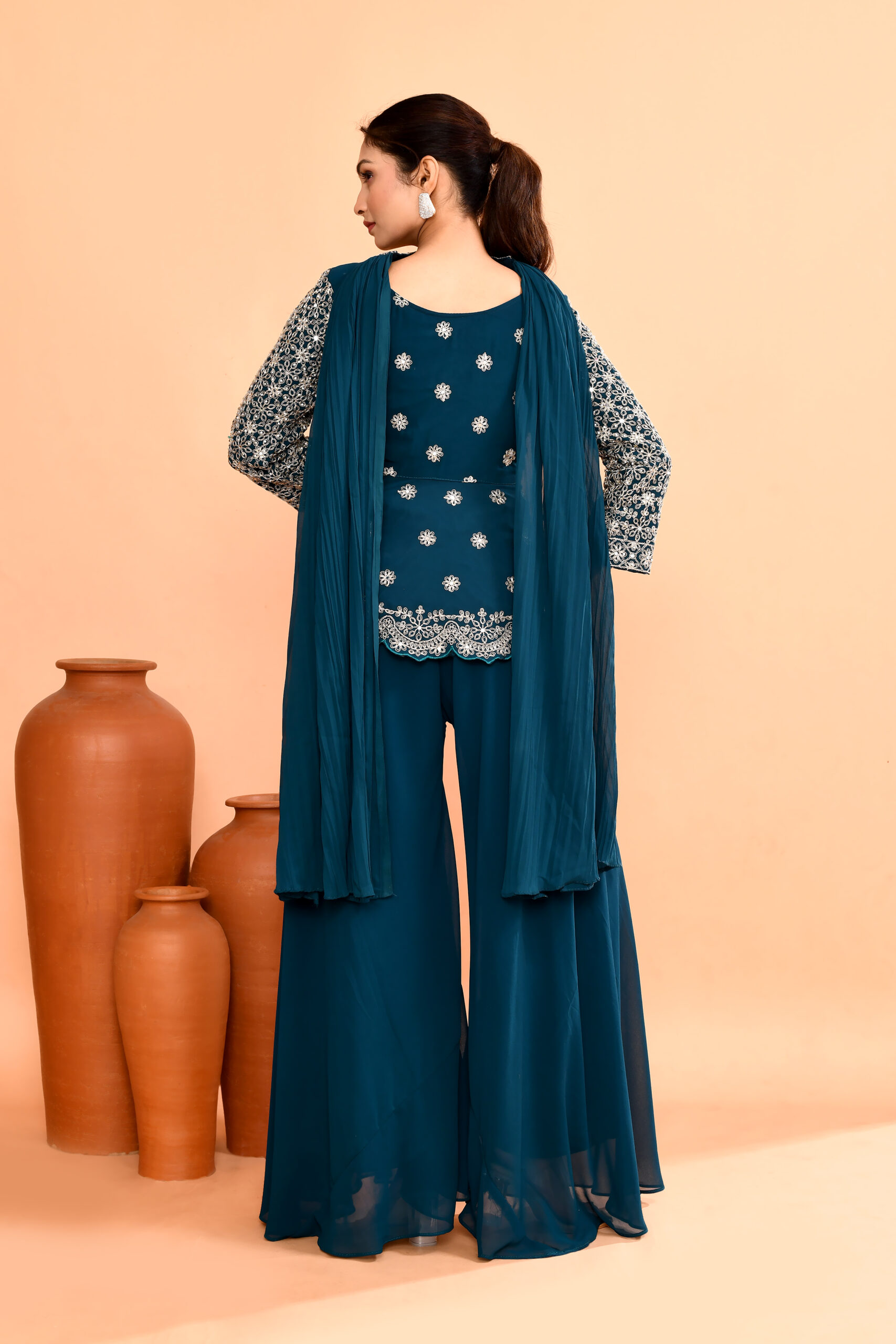 Royal Blue Top Palazzo in Diamond Silk With Embroidery Real Mirror With Dupatta - Image 2