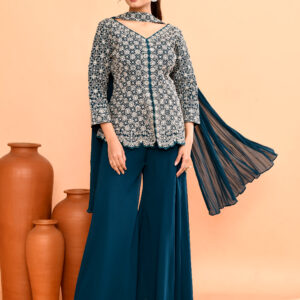 Royal Blue Top Palazzo in Diamond Silk With Embroidery Real Mirror With Dupatta