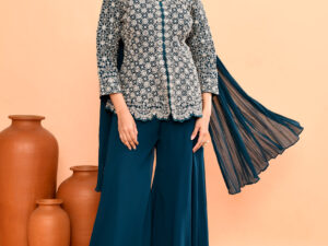 Royal Blue Top Palazzo in Diamond Silk With Embroidery Real Mirror With Dupatta