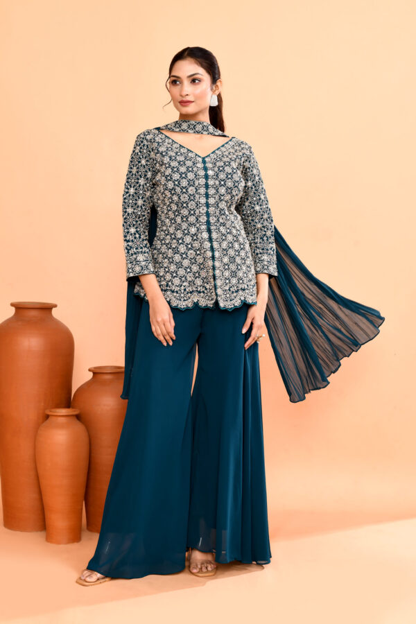 Royal Blue Top Palazzo in Diamond Silk With Embroidery Real Mirror With Dupatta