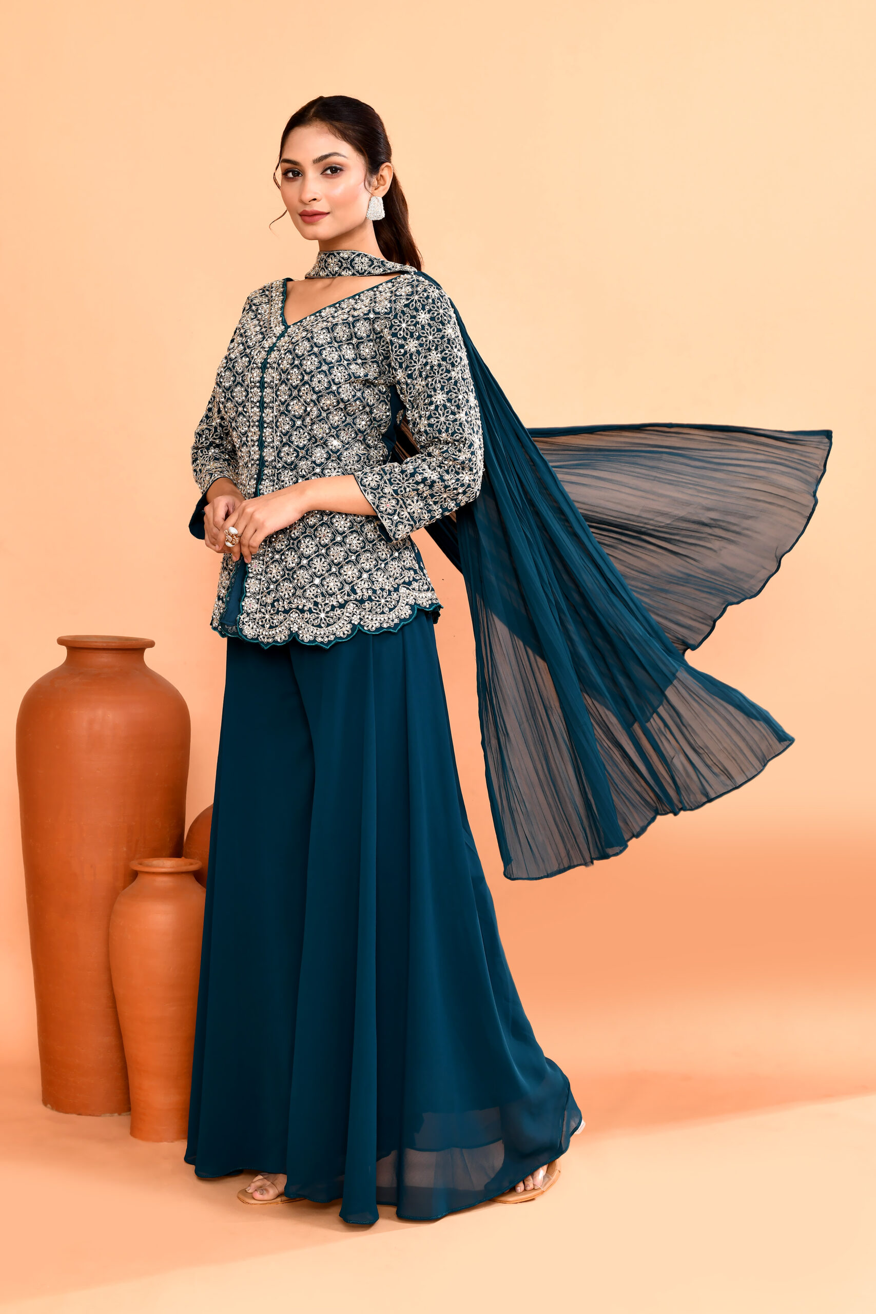 Royal Blue Top Palazzo in Diamond Silk With Embroidery Real Mirror With Dupatta - Image 3