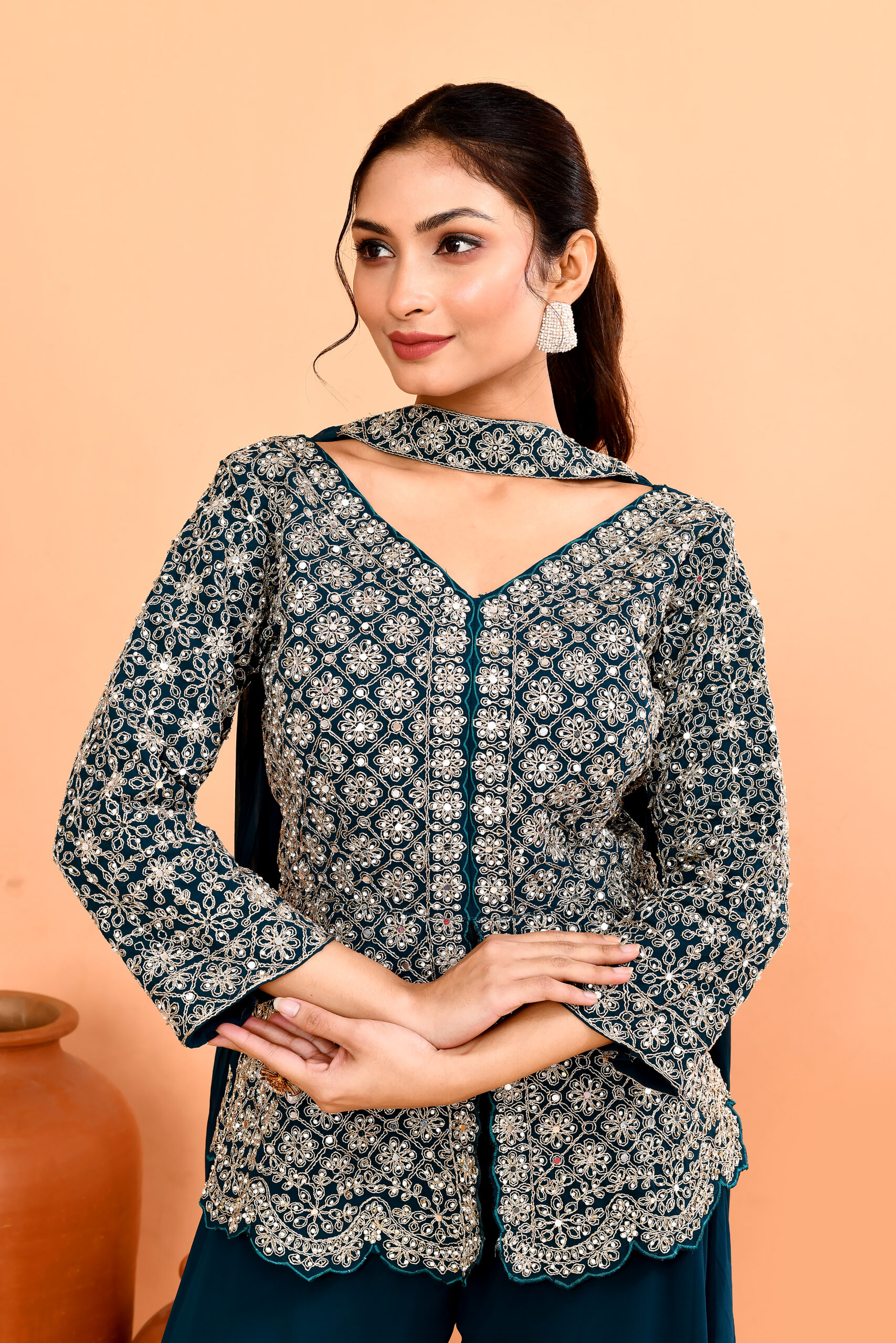 Royal Blue Top Palazzo in Diamond Silk With Embroidery Real Mirror With Dupatta - Image 4