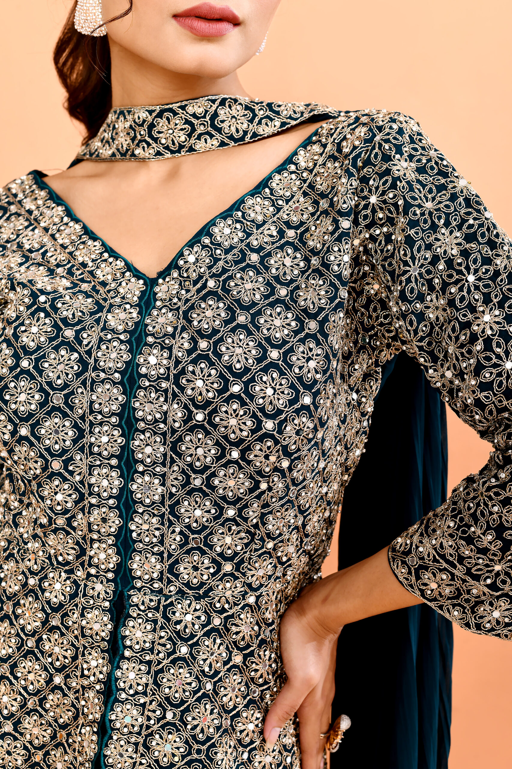 Royal Blue Top Palazzo in Diamond Silk With Embroidery Real Mirror With Dupatta - Image 5