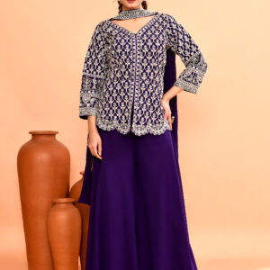 Purple Embroidered Jacket Style Top Paired With Palazzo Pants