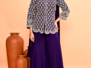 Purple Embroidered Jacket Style Top Paired With Palazzo Pants