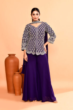 Purple Embroidered Jacket Style Top Paired With Palazzo Pants