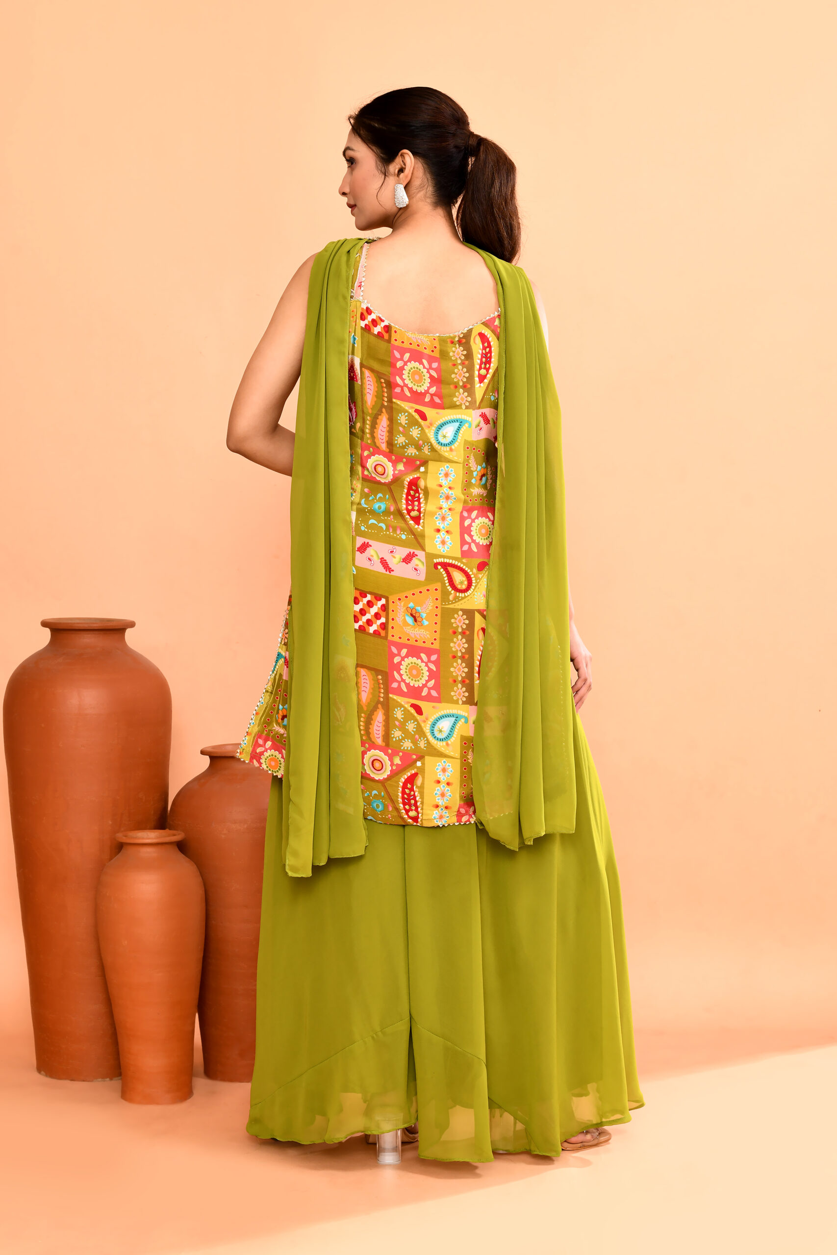 Olive Woven Design Silk Sharara Suit Set - Image 2