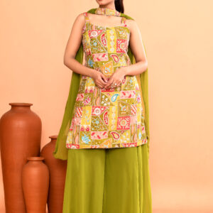 Olive Woven Design Silk Sharara Suit Set