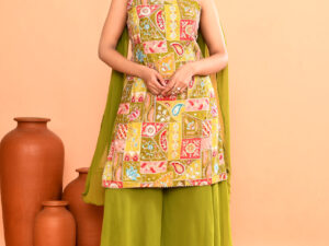 Olive Woven Design Silk Sharara Suit Set