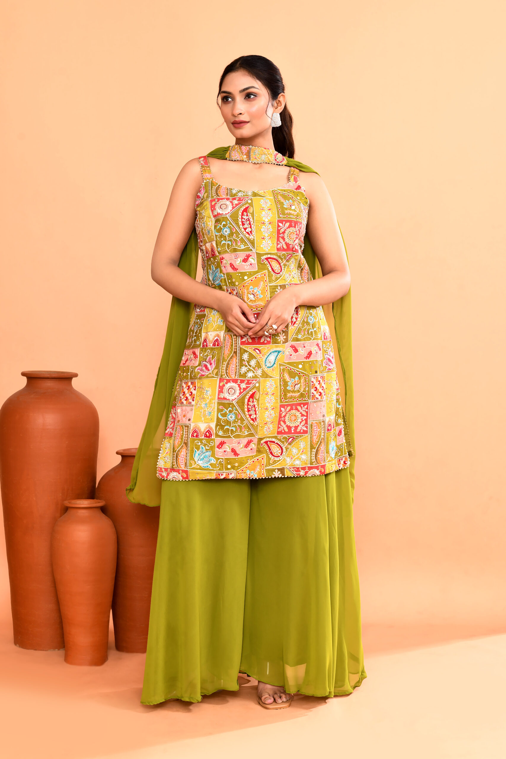 Olive Woven Design Silk Sharara Suit Set
