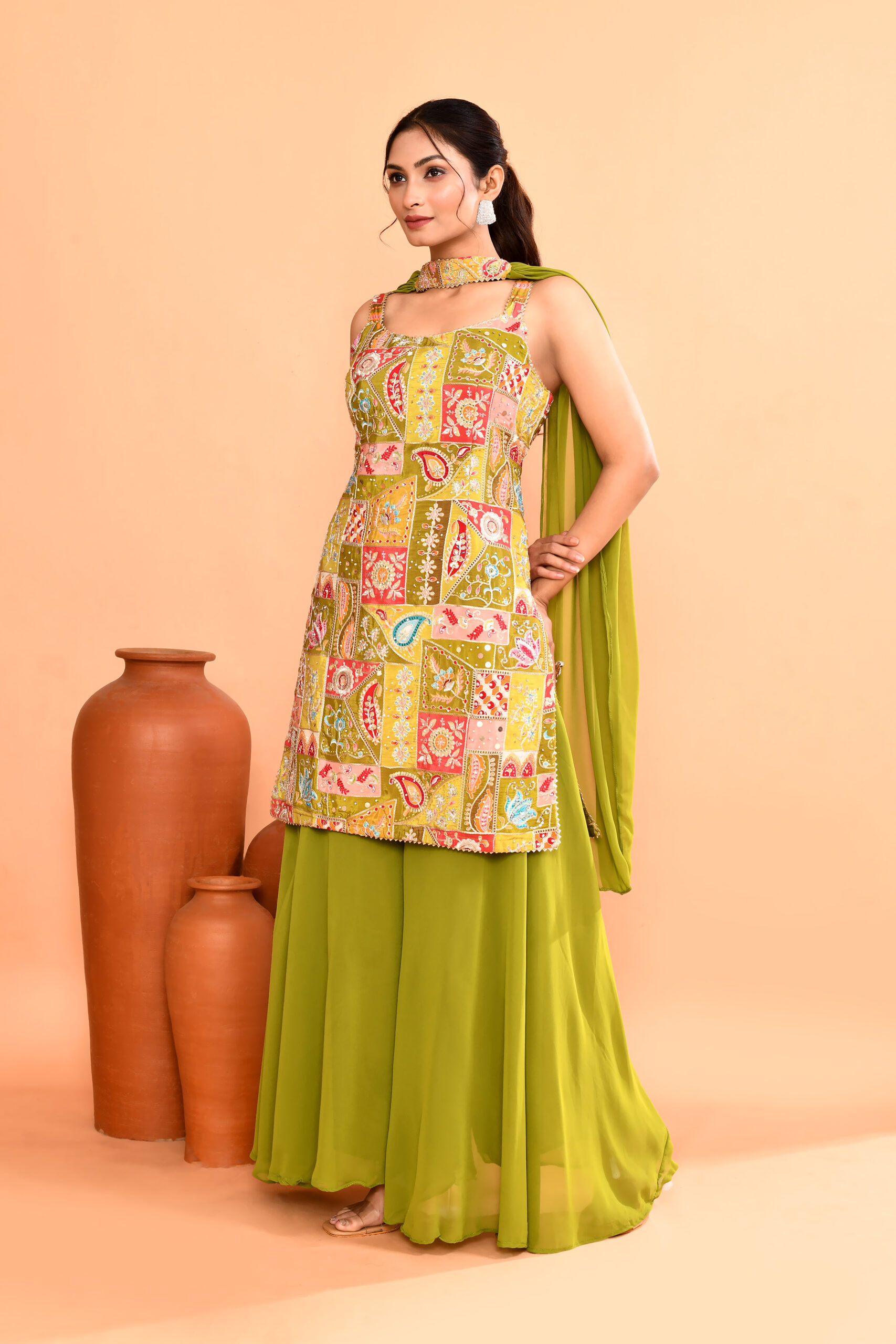 Olive Woven Design Silk Sharara Suit Set - Image 3