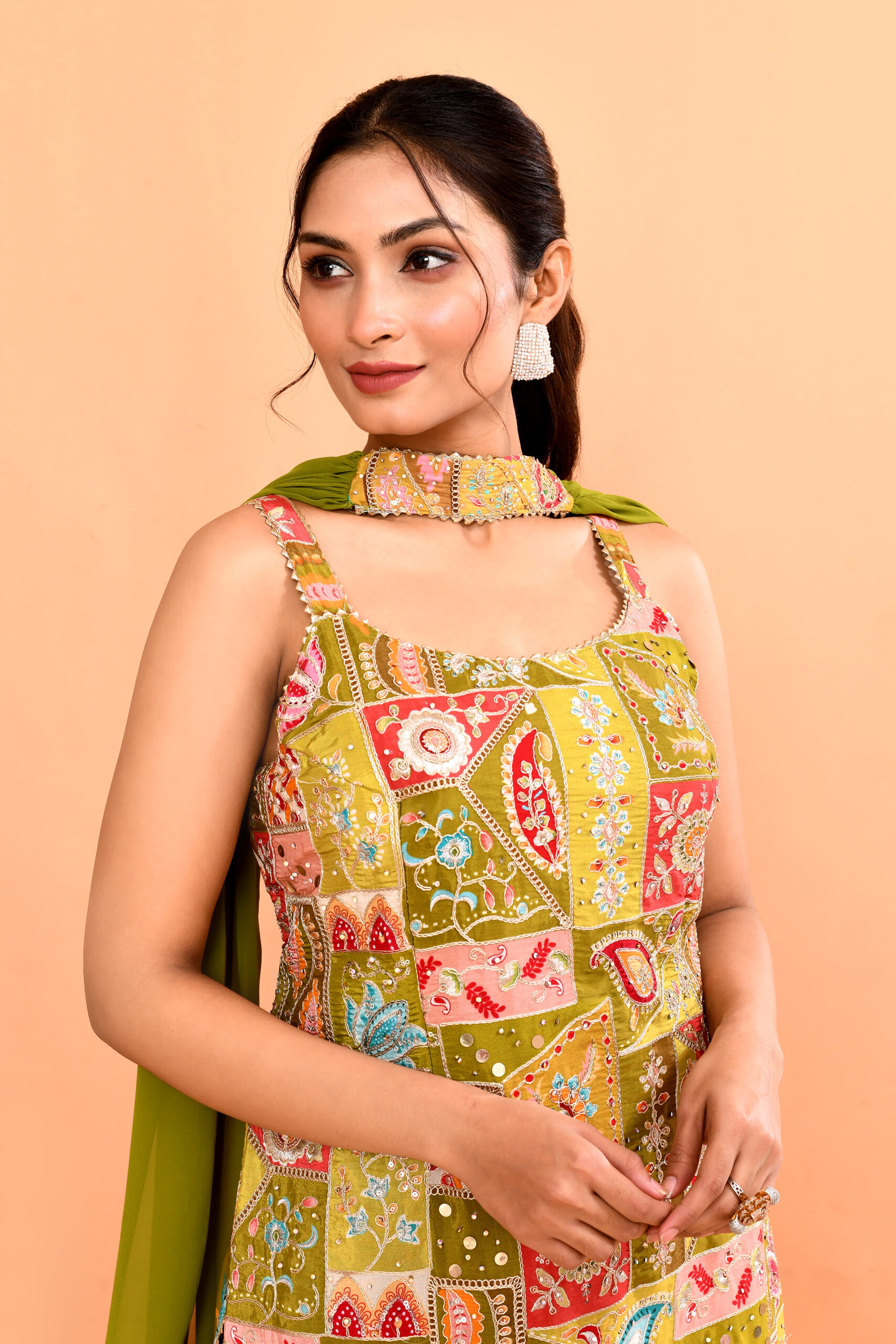 Olive Woven Design Silk Sharara Suit Set - Image 4