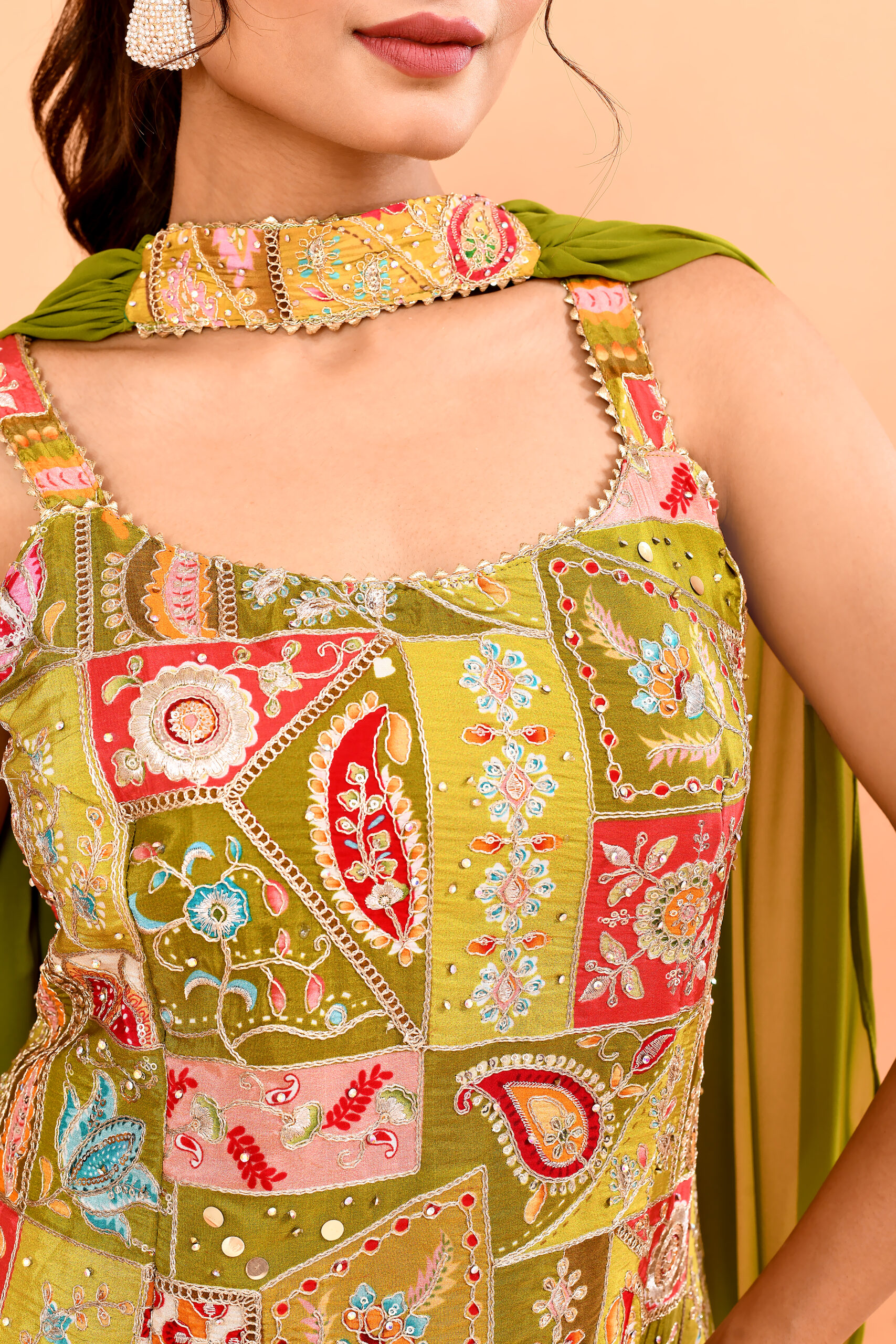 Olive Woven Design Silk Sharara Suit Set - Image 5