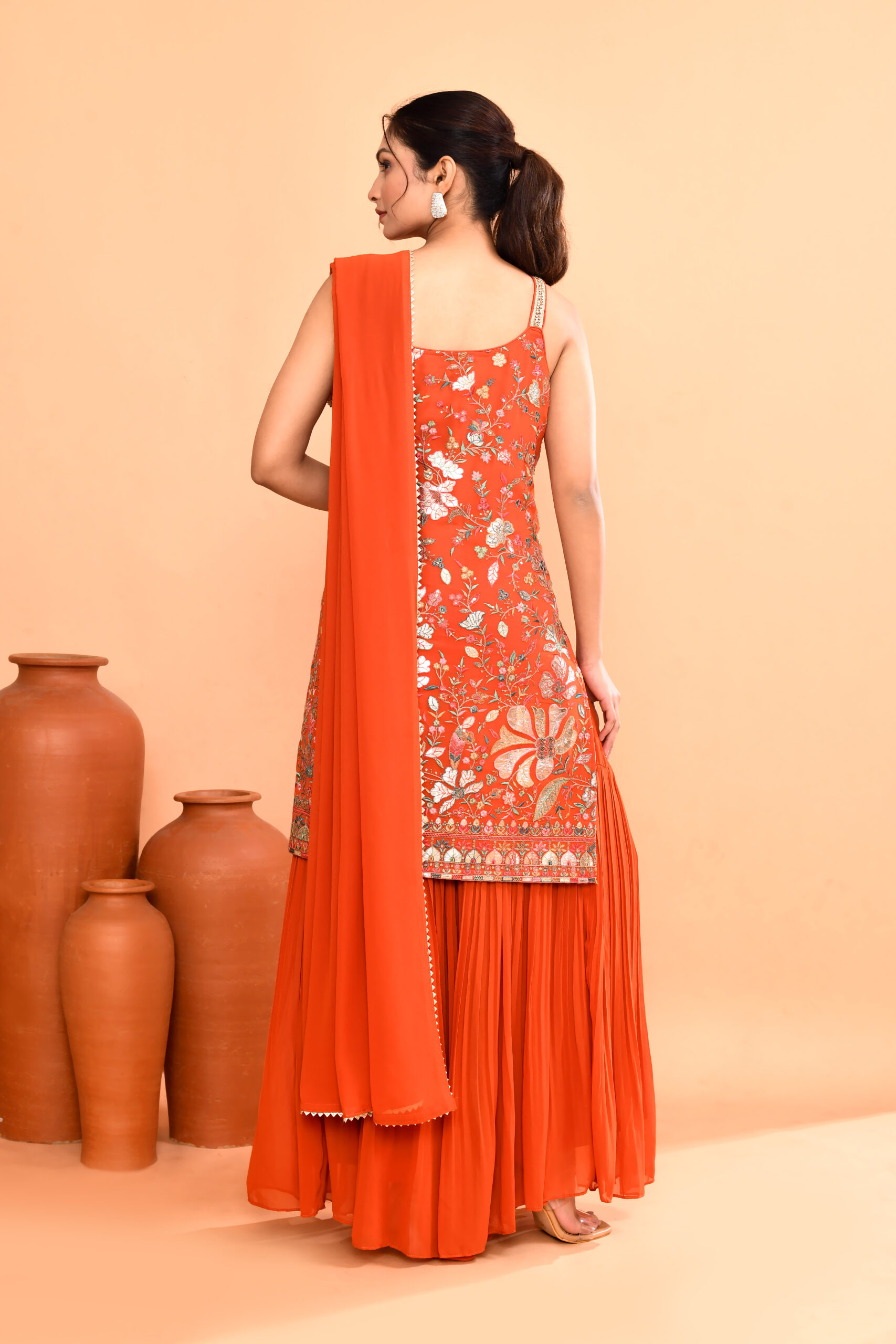 Orange Embroidered Sleeveless Sharara Suit With Dupatta - Image 3