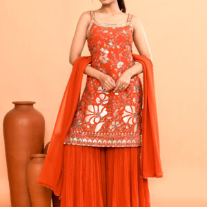 Orange Embroidered Sleeveless Sharara Suit With Dupatta