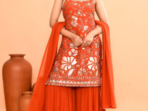 Orange Embroidered Sleeveless Sharara Suit With Dupatta