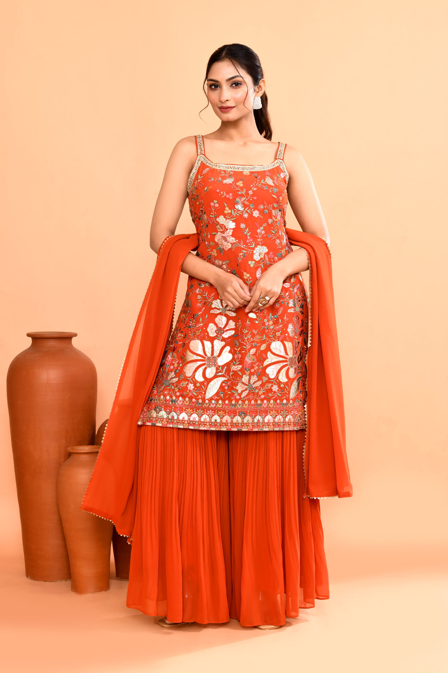 Orange Embroidered Sleeveless Sharara Suit With Dupatta