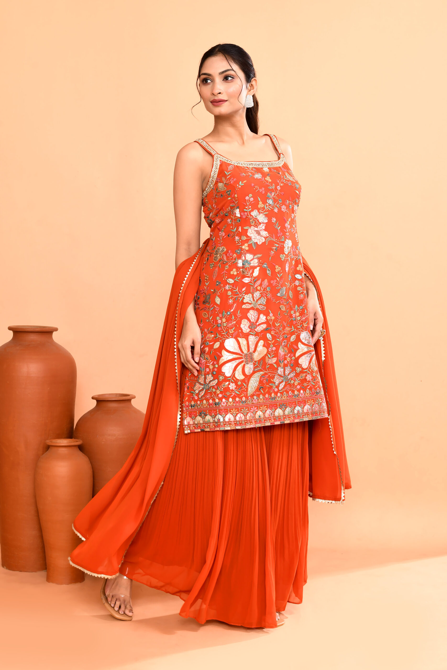 Orange Embroidered Sleeveless Sharara Suit With Dupatta - Image 2