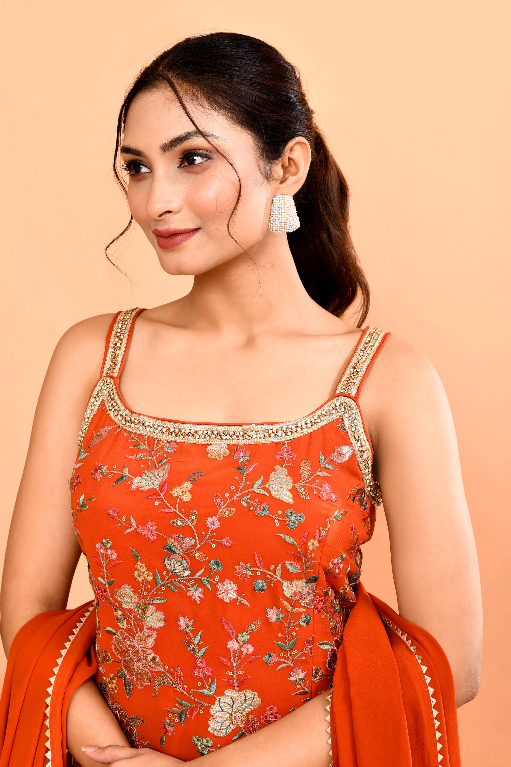 Orange Embroidered Sleeveless Sharara Suit With Dupatta - Image 4
