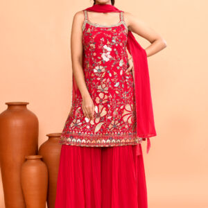 Orange Threadwork (Embroidered) Georgette Salwar Suit