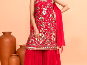 Orange Threadwork (Embroidered) Georgette Salwar Suit