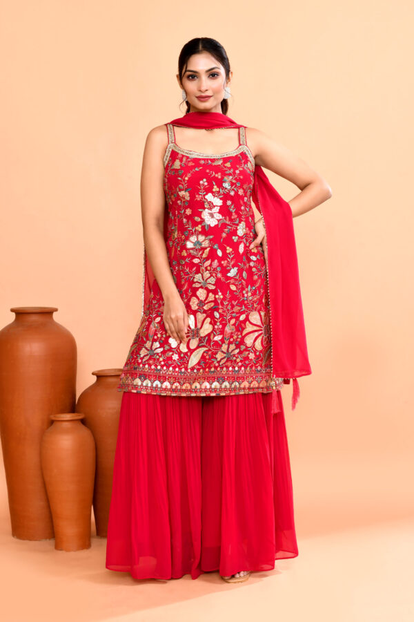 Orange Threadwork (Embroidered) Georgette Salwar Suit