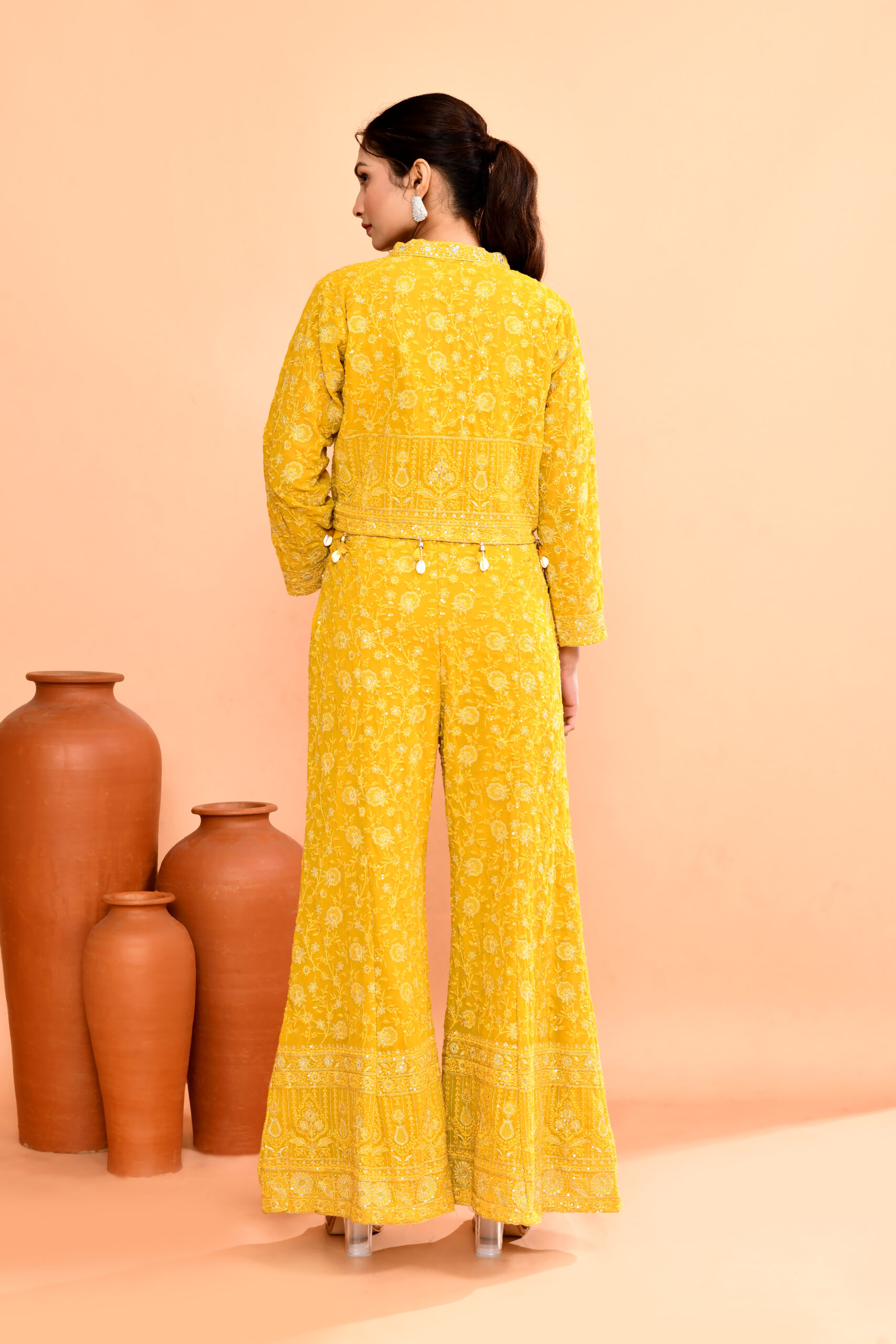 Yellow Embroidered Floral Co-ord Set (Sleeveless Top With Jacket And Bell-Bottom Pants) - Image 3