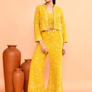 Yellow Embroidered Floral Co-ord Set (Sleeveless Top With Jacket And Bell-Bottom Pants)