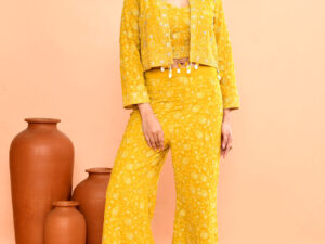 Yellow Embroidered Floral Co-ord Set (Sleeveless Top With Jacket And Bell-Bottom Pants)