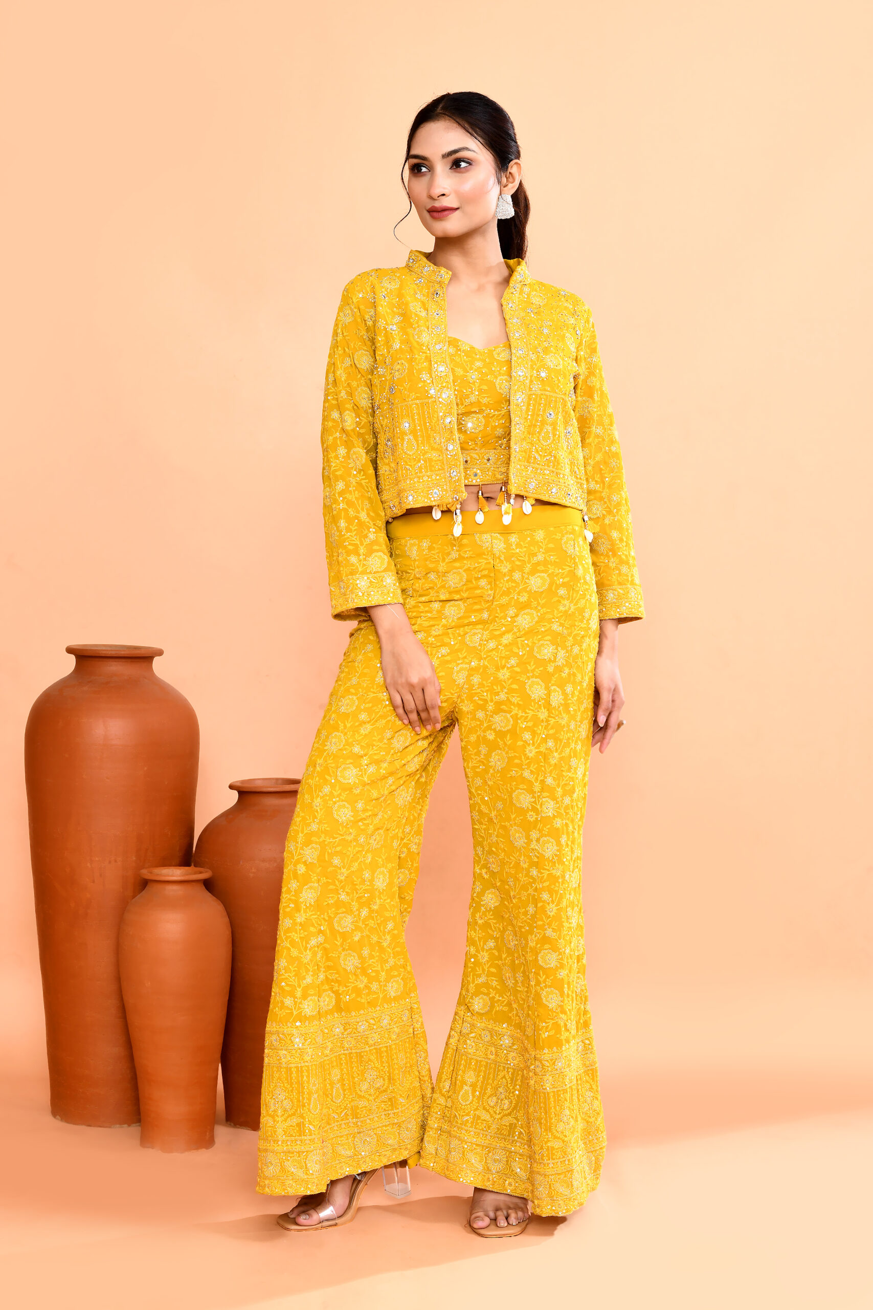 Yellow Embroidered Floral Co-ord Set (Sleeveless Top With Jacket And Bell-Bottom Pants)