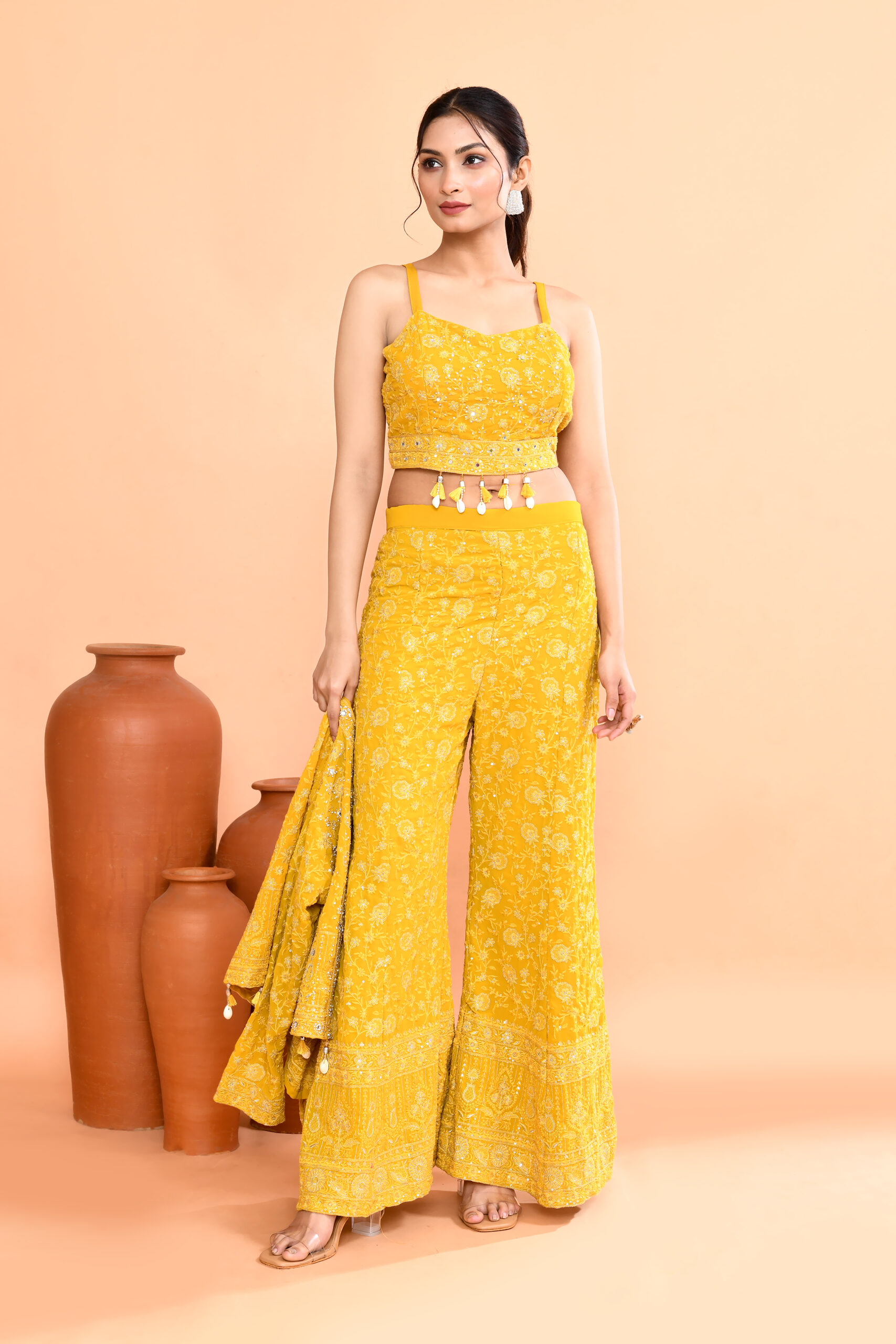 Yellow Embroidered Floral Co-ord Set (Sleeveless Top With Jacket And Bell-Bottom Pants) - Image 2