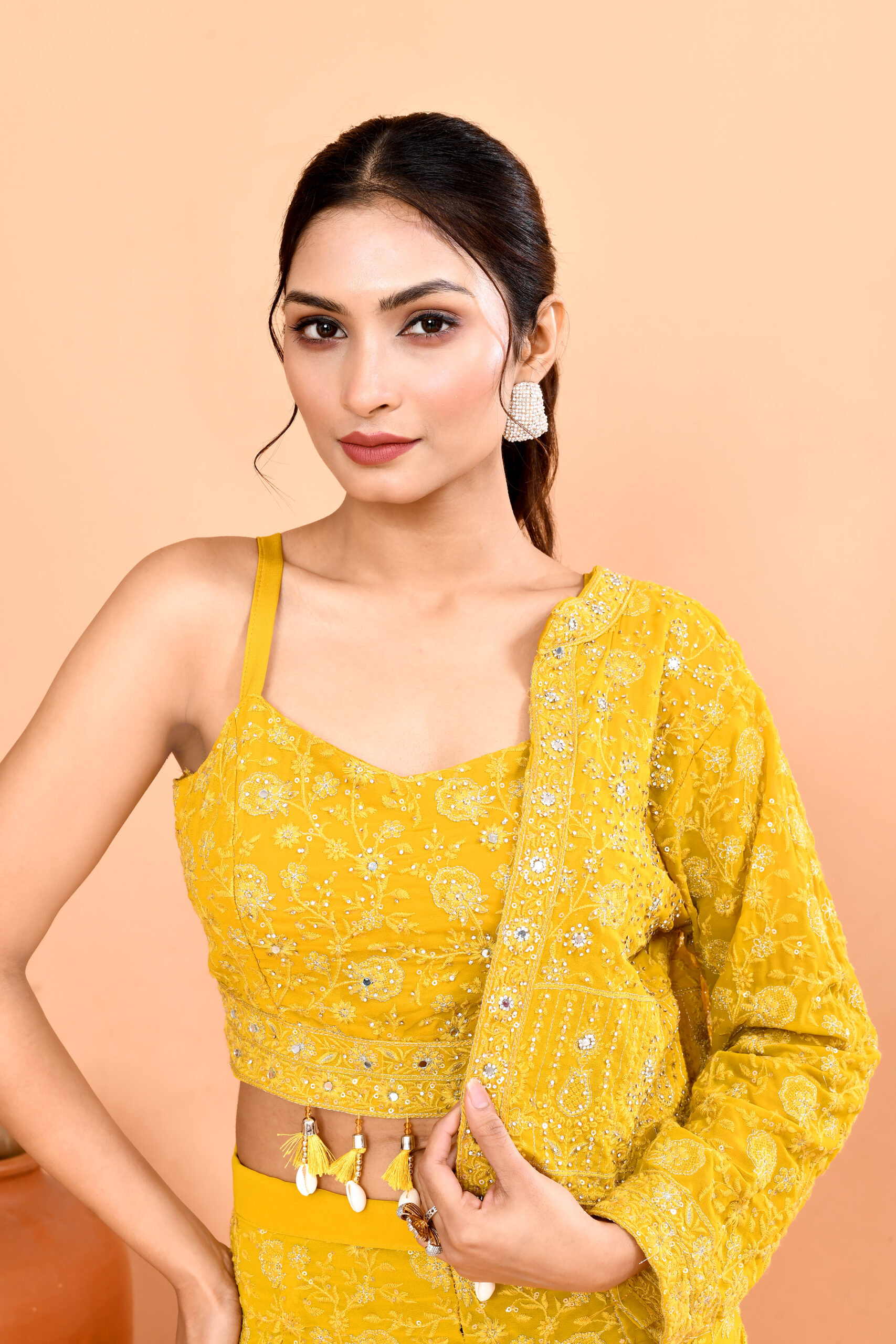 Yellow Embroidered Floral Co-ord Set (Sleeveless Top With Jacket And Bell-Bottom Pants) - Image 4
