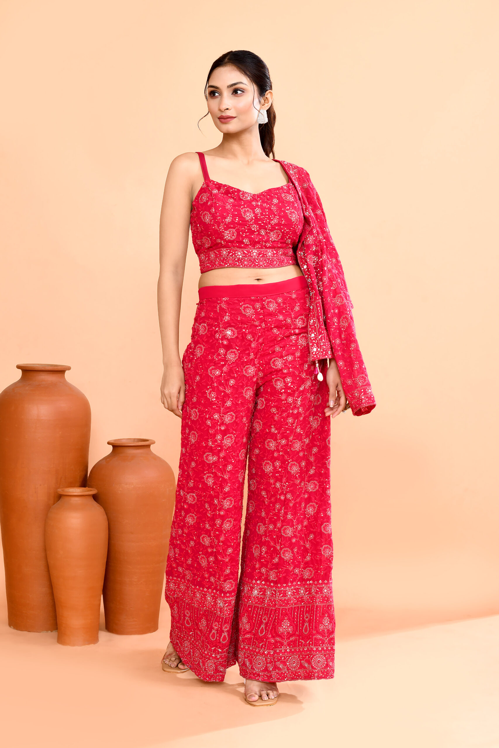 Red Indo-Western Embroidered Co-ord Set - Image 2