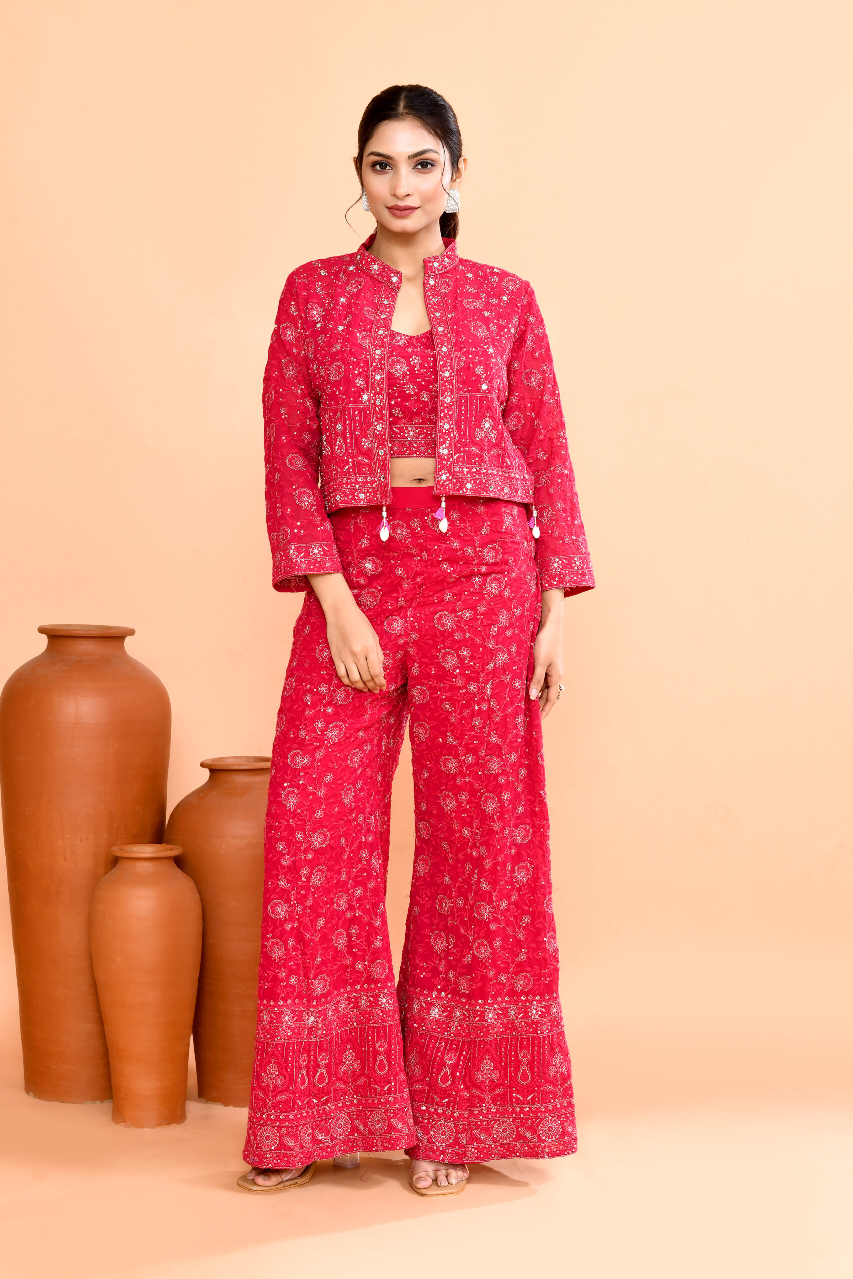 Red Indo-Western Embroidered Co-ord Set