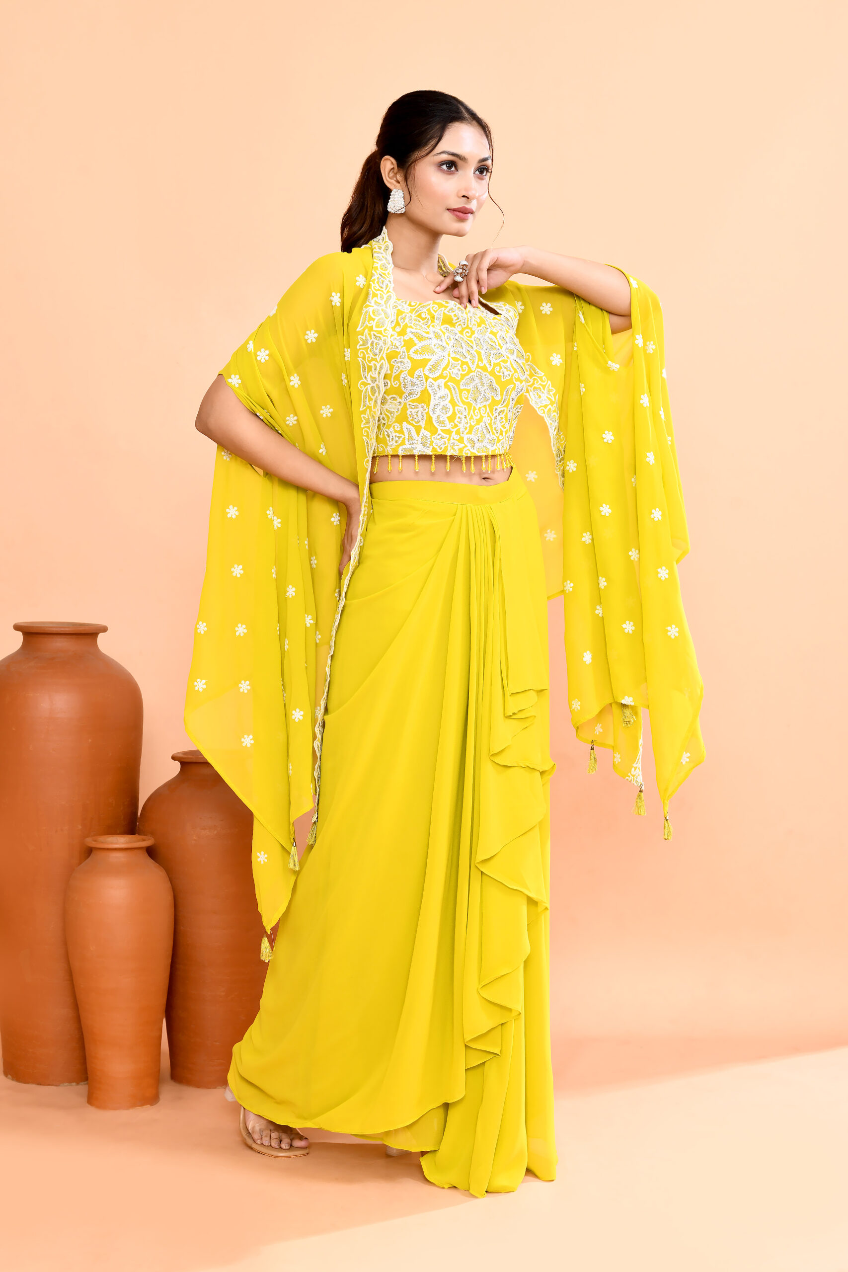 Yellow Three Piece Indo-Western Set - Image 2