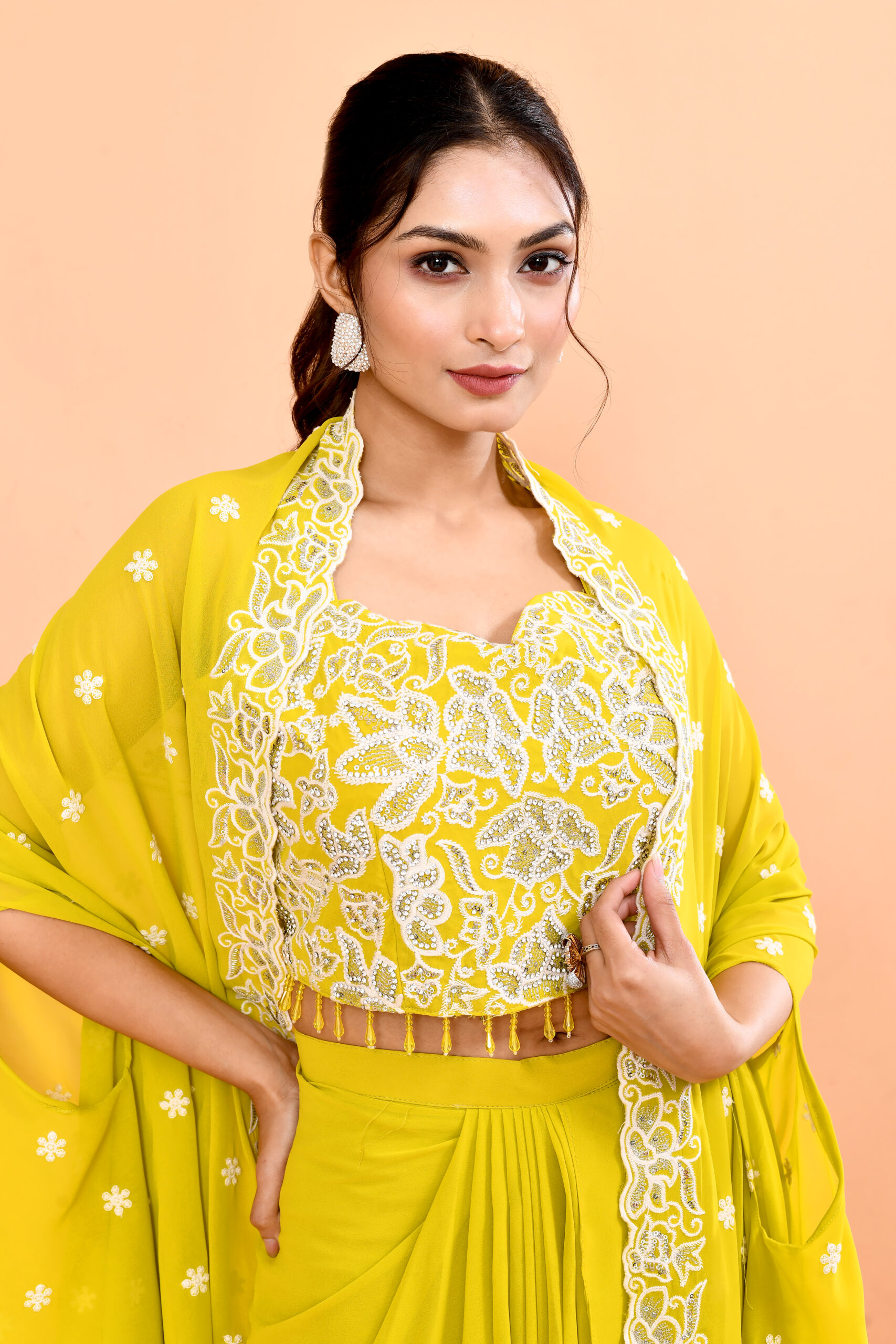 Yellow Three Piece Indo-Western Set - Image 4