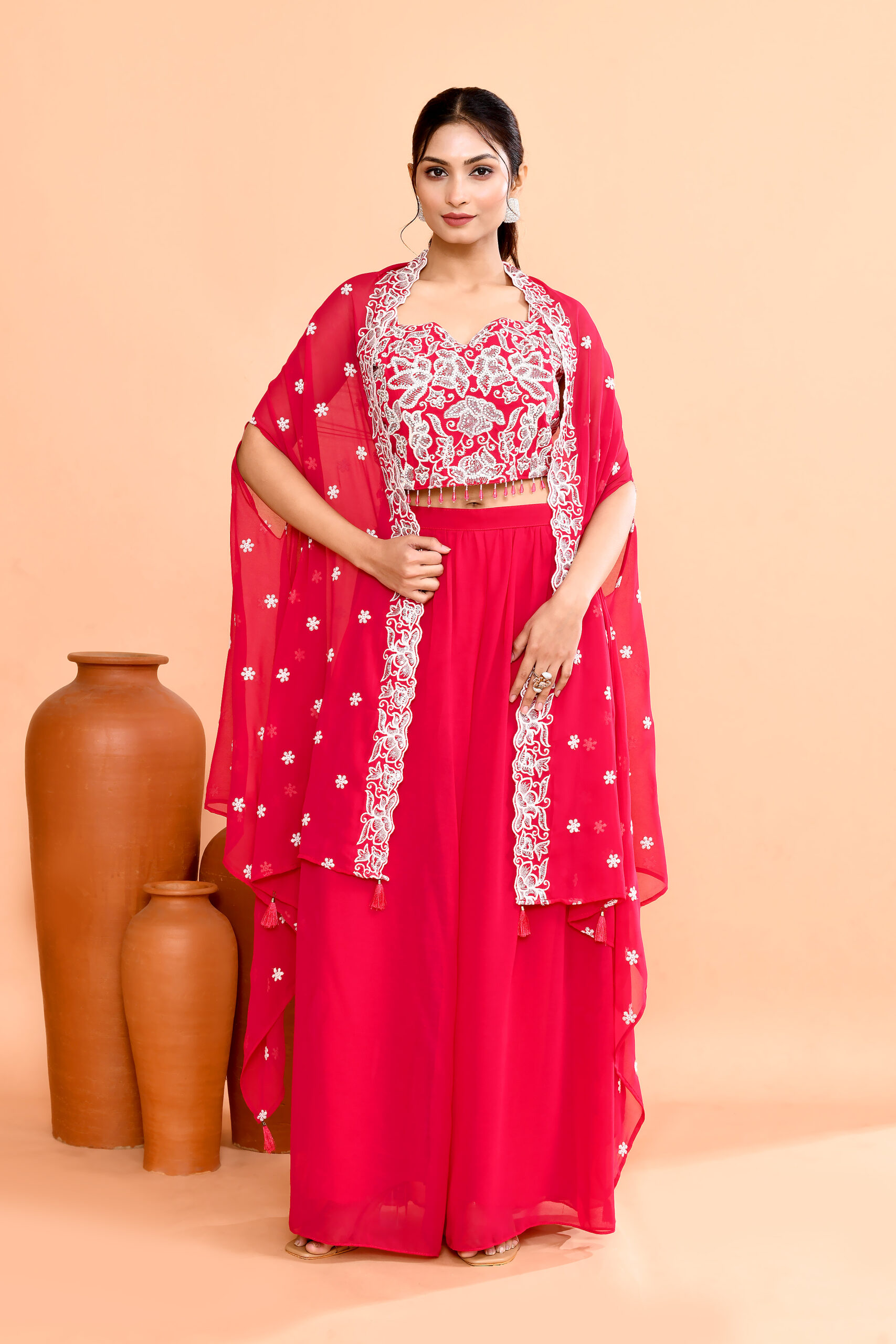 Indian Wedding Organza Crop Top Cape Suit