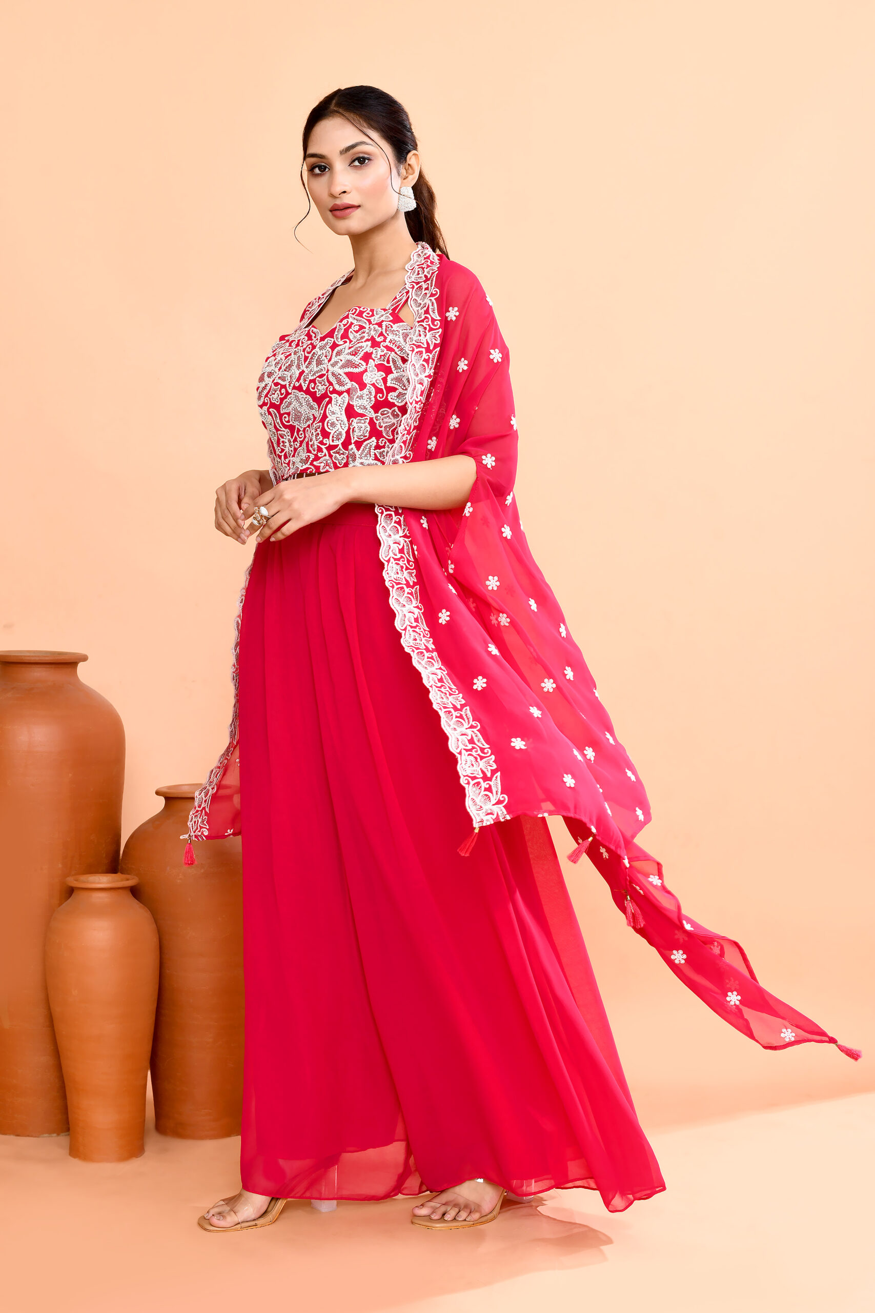 Indian Wedding Organza Crop Top Cape Suit - Image 2