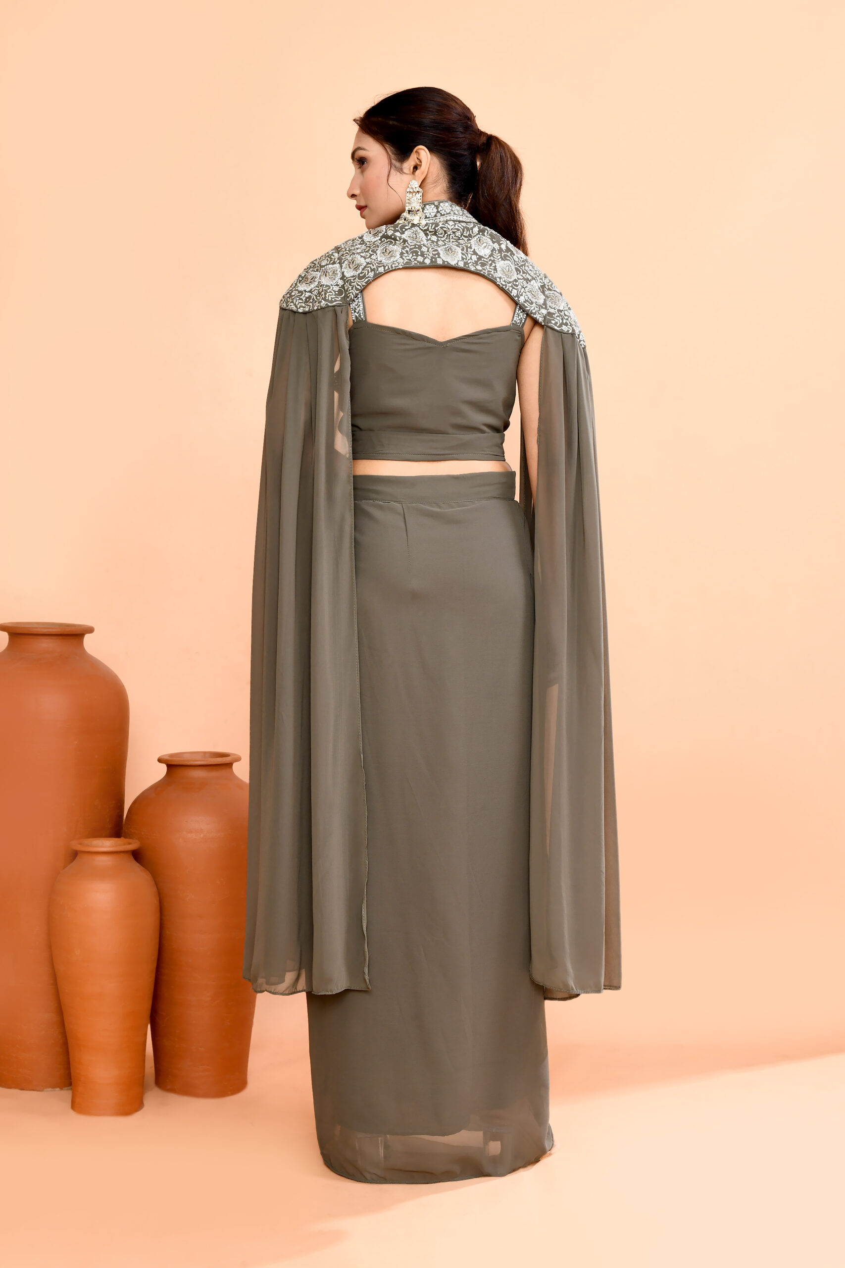 3-piece Indo-Western Hand-Embroidered Crop Top Pre-Draped Skirt/Saree - Image 3