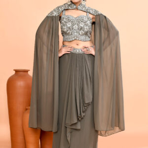 3-piece Indo-Western Hand-Embroidered Crop Top Pre-Draped Skirt/Saree