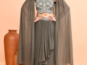 3-piece Indo-Western Hand-Embroidered Crop Top Pre-Draped Skirt/Saree