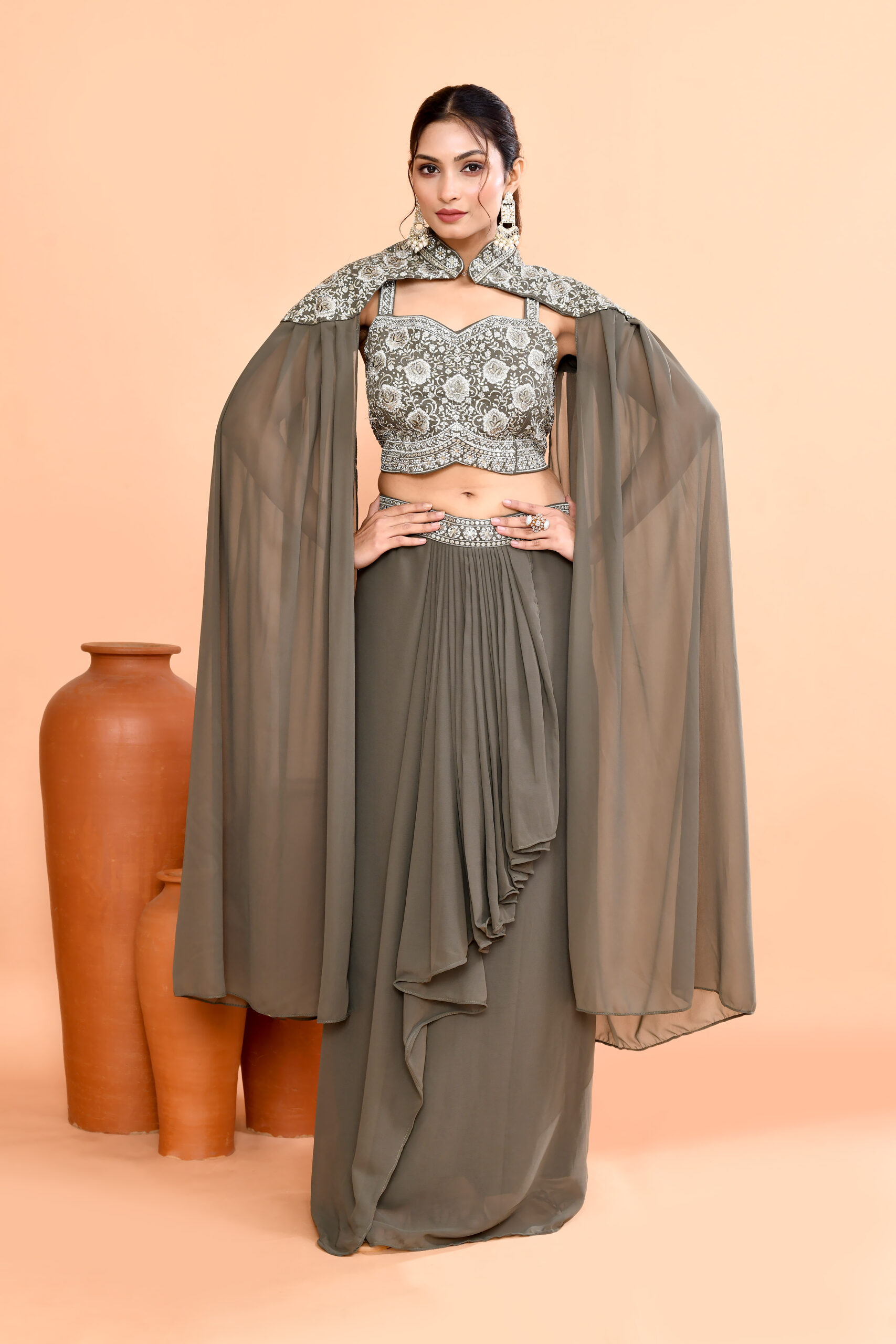 3-piece Indo-Western Hand-Embroidered Crop Top Pre-Draped Skirt/Saree