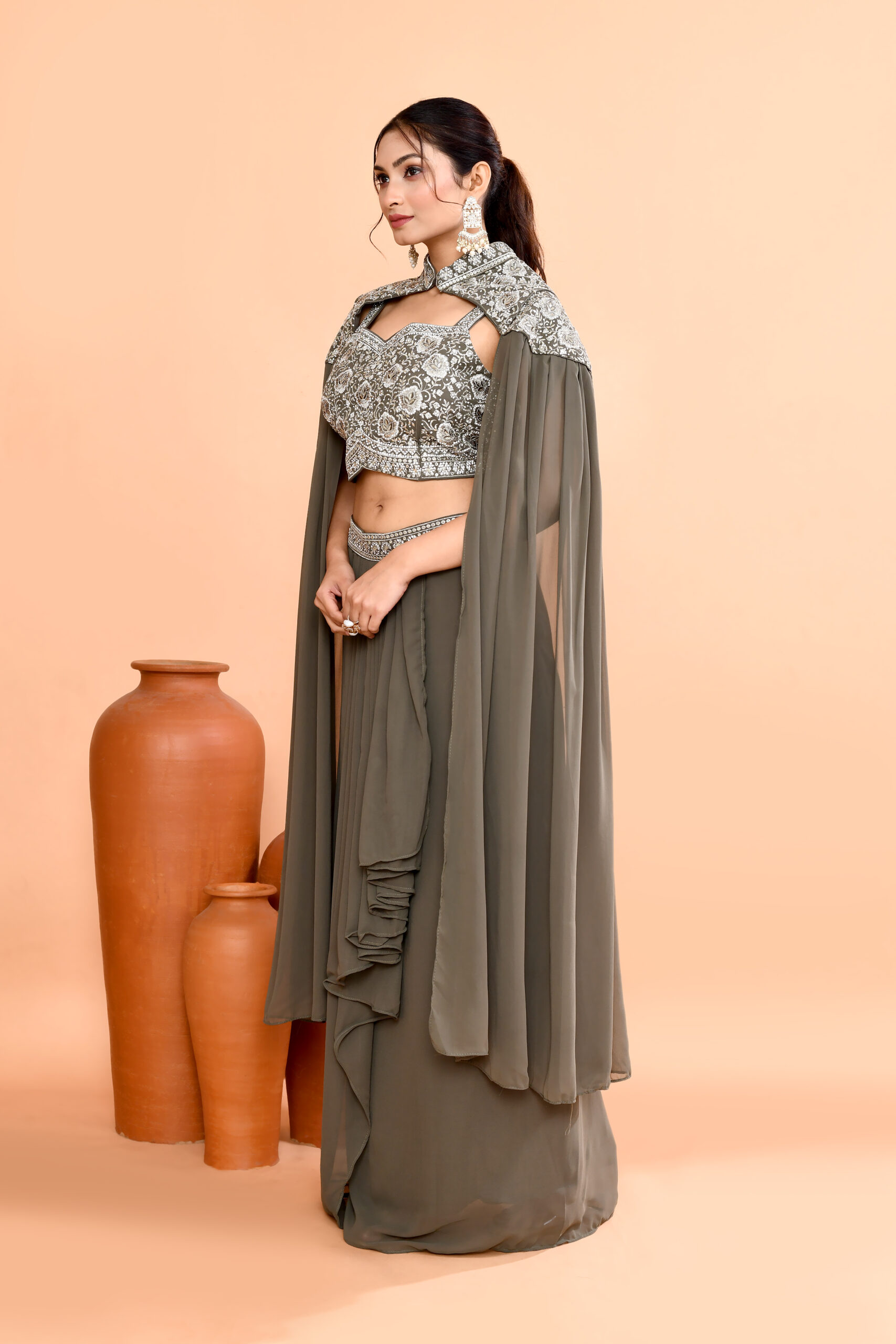 3-piece Indo-Western Hand-Embroidered Crop Top Pre-Draped Skirt/Saree - Image 2