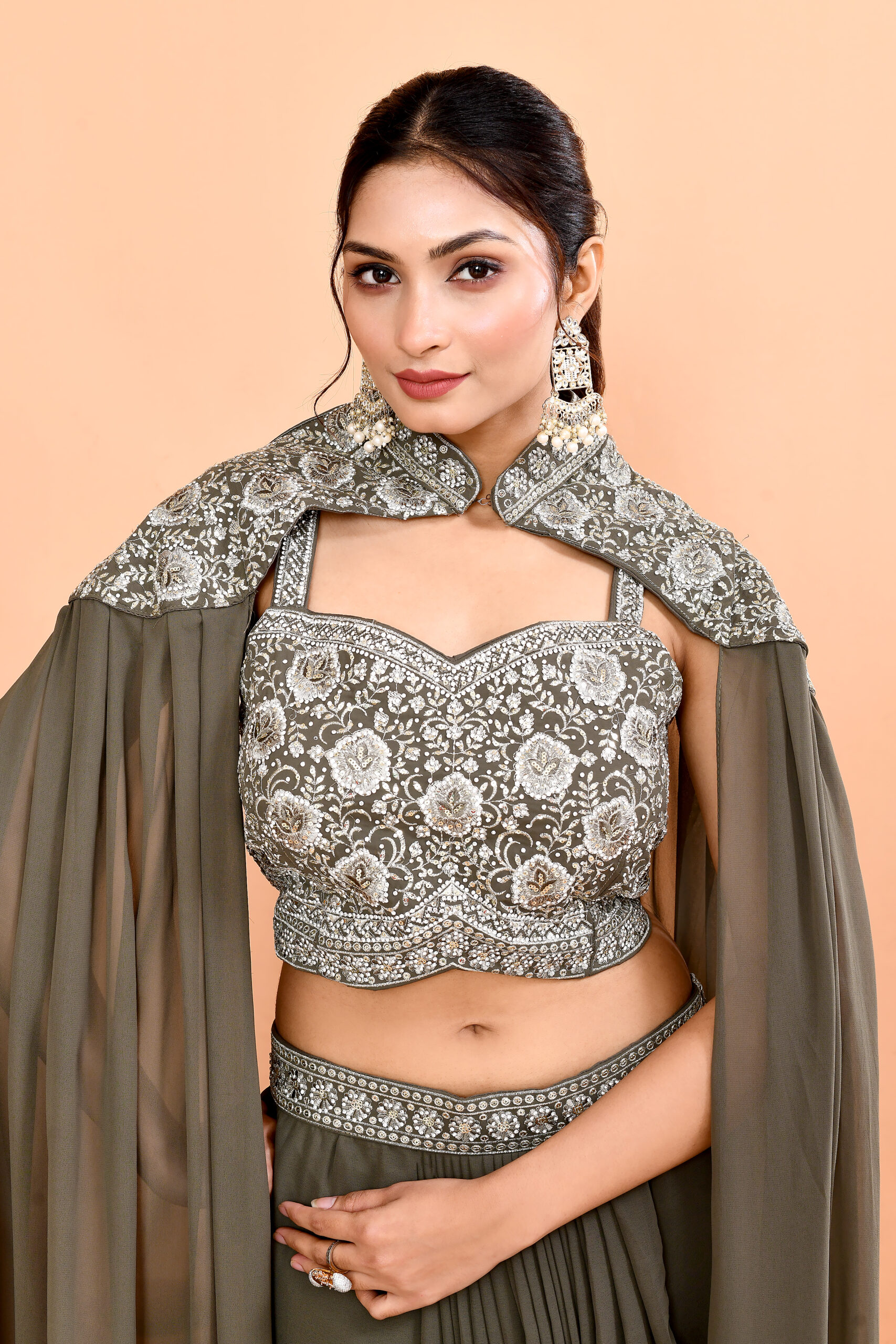 3-piece Indo-Western Hand-Embroidered Crop Top Pre-Draped Skirt/Saree - Image 4